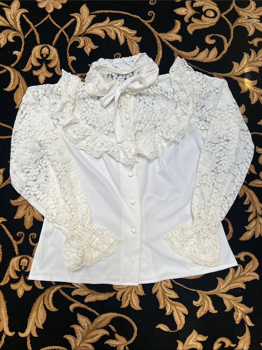 White Lace Ruffle Tie-Neck Women's Blouse